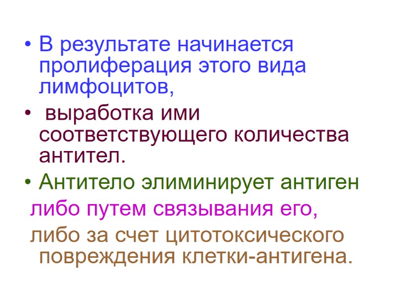 В результате начинается пролиферация этого вида лимфоцитов,  выработка ими соответствующего количества антител. Антитело